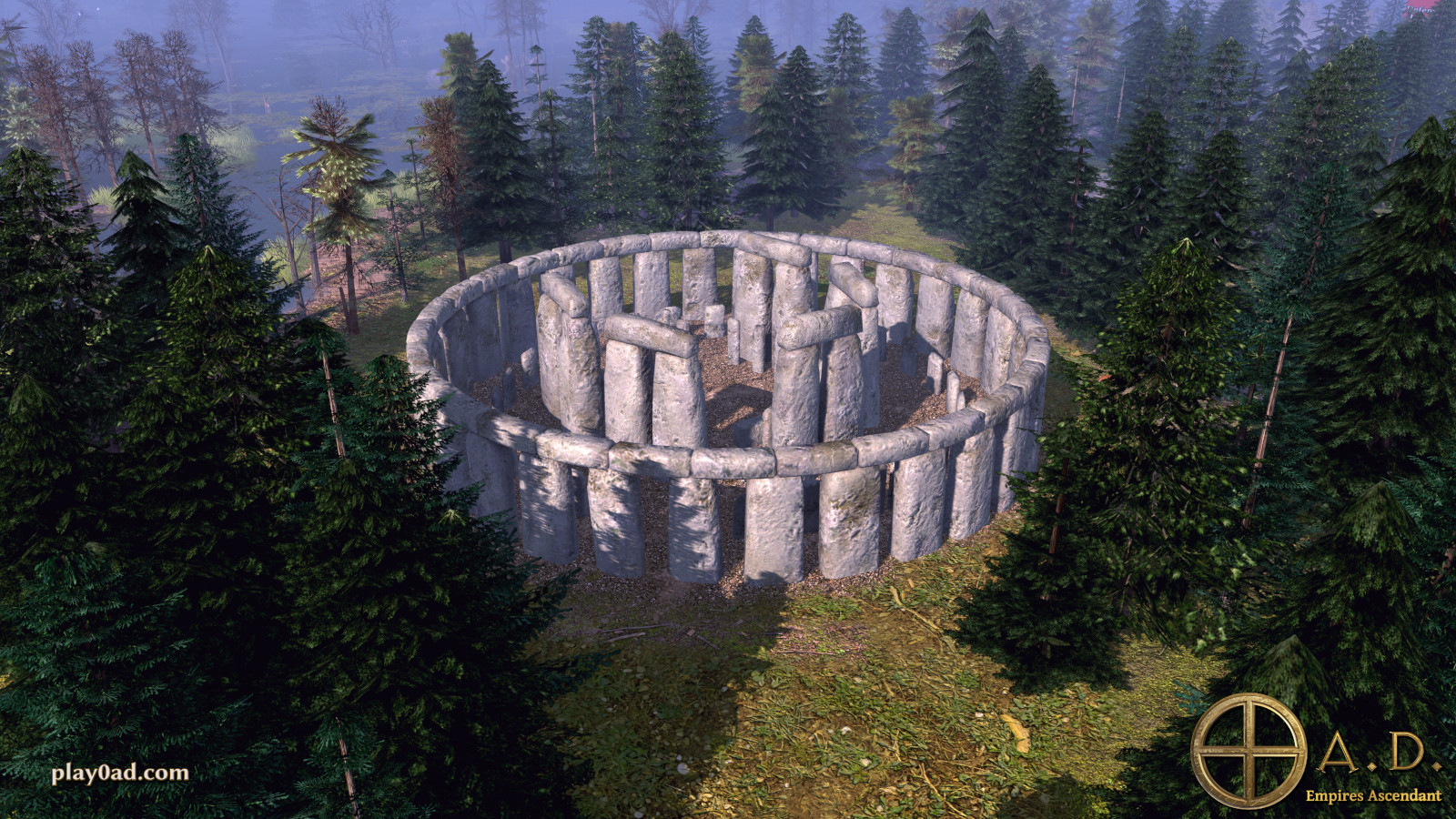 0 A.D. screenshot showing Stonehenge in a forest landscape
